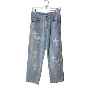 Cross Embellished Wide Leg Jeans Distressed Look High Waist Light Wash M